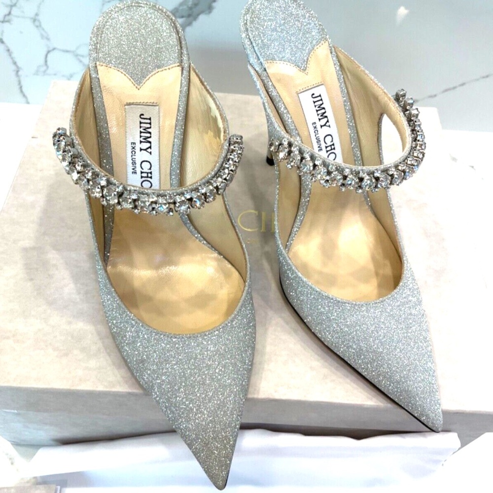 Jimmy Choo Bing 100mm Glitter Leather Mules, Silver 39